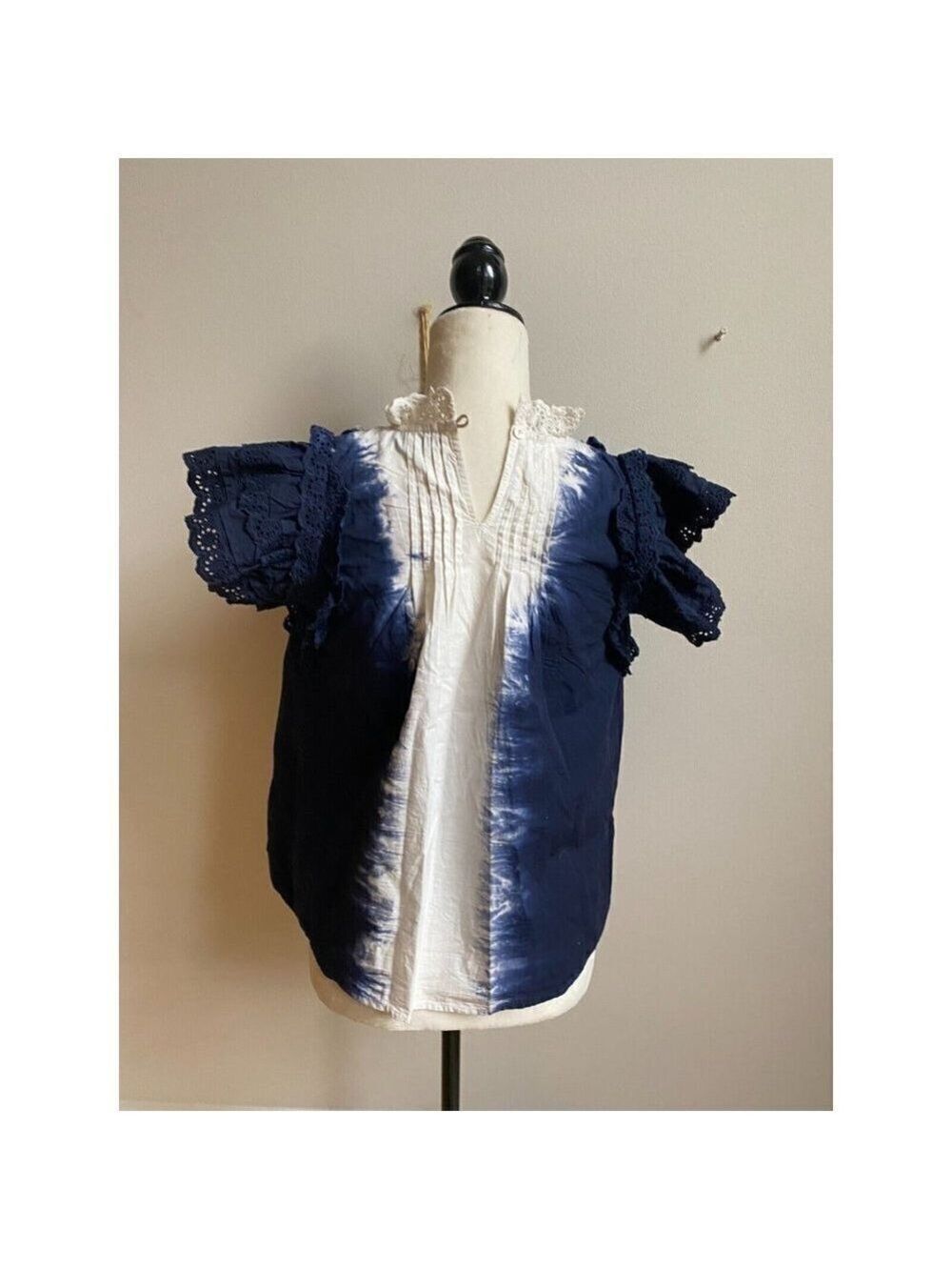 sea "Evelyn" Cotton Tie Dye Blouse Top New Blue White Eyelet Lace Ruffles - Picture 4 of 8